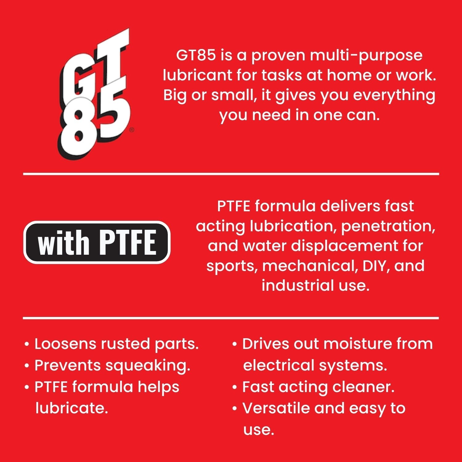 GT85 Multi-Purpose Lubricant Spray with PTFE 400ml GT85 Multi-Purpose Lubricant Spray with PTFE 400ml