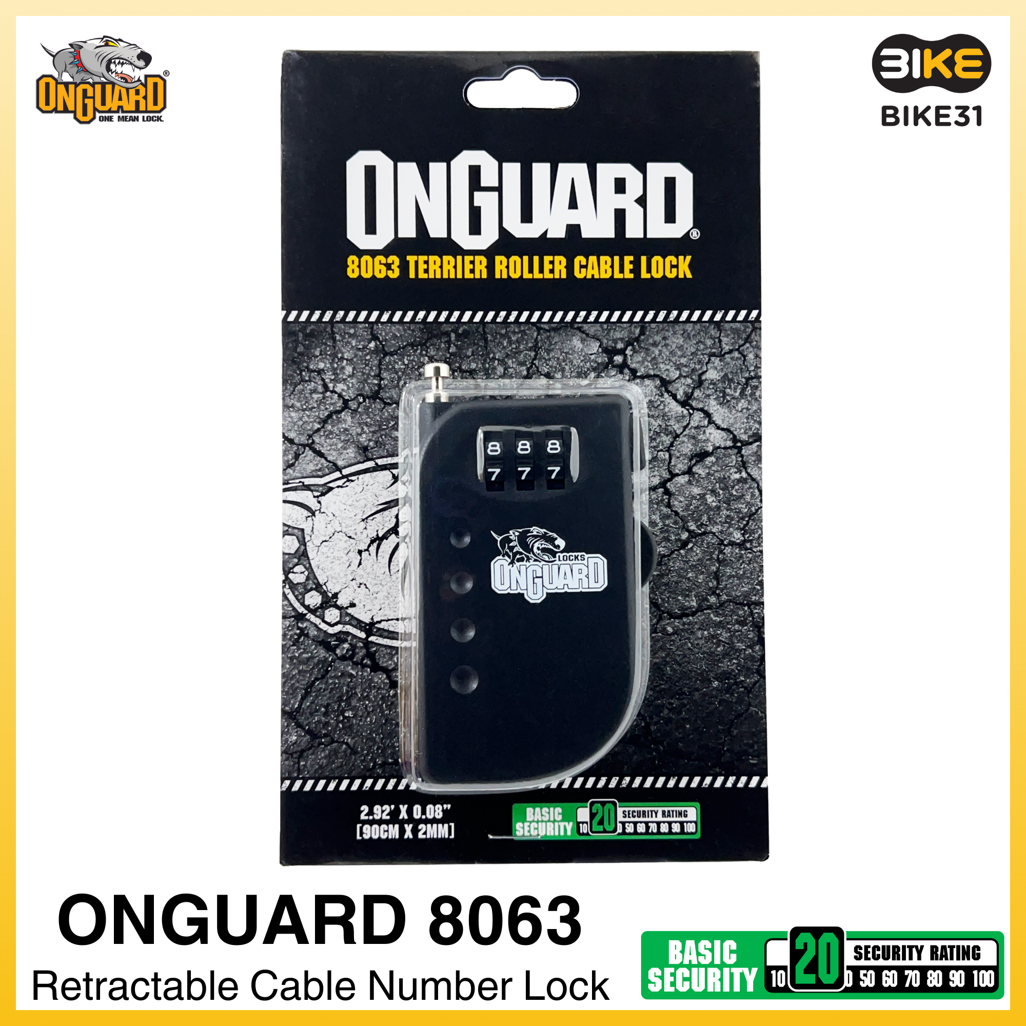 OnGuard 8063 Retractable Cable Number Bicycle Lock 90cm x 2mm dia