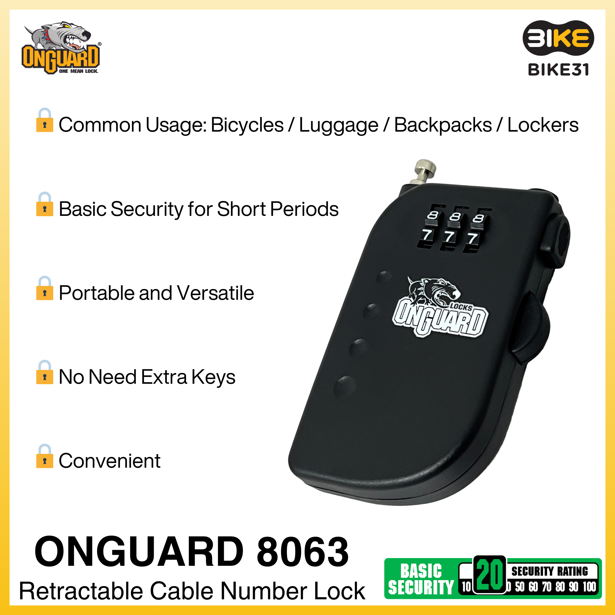 OnGuard 8063 Retractable Cable Number Bicycle Lock 90cm x 2mm dia