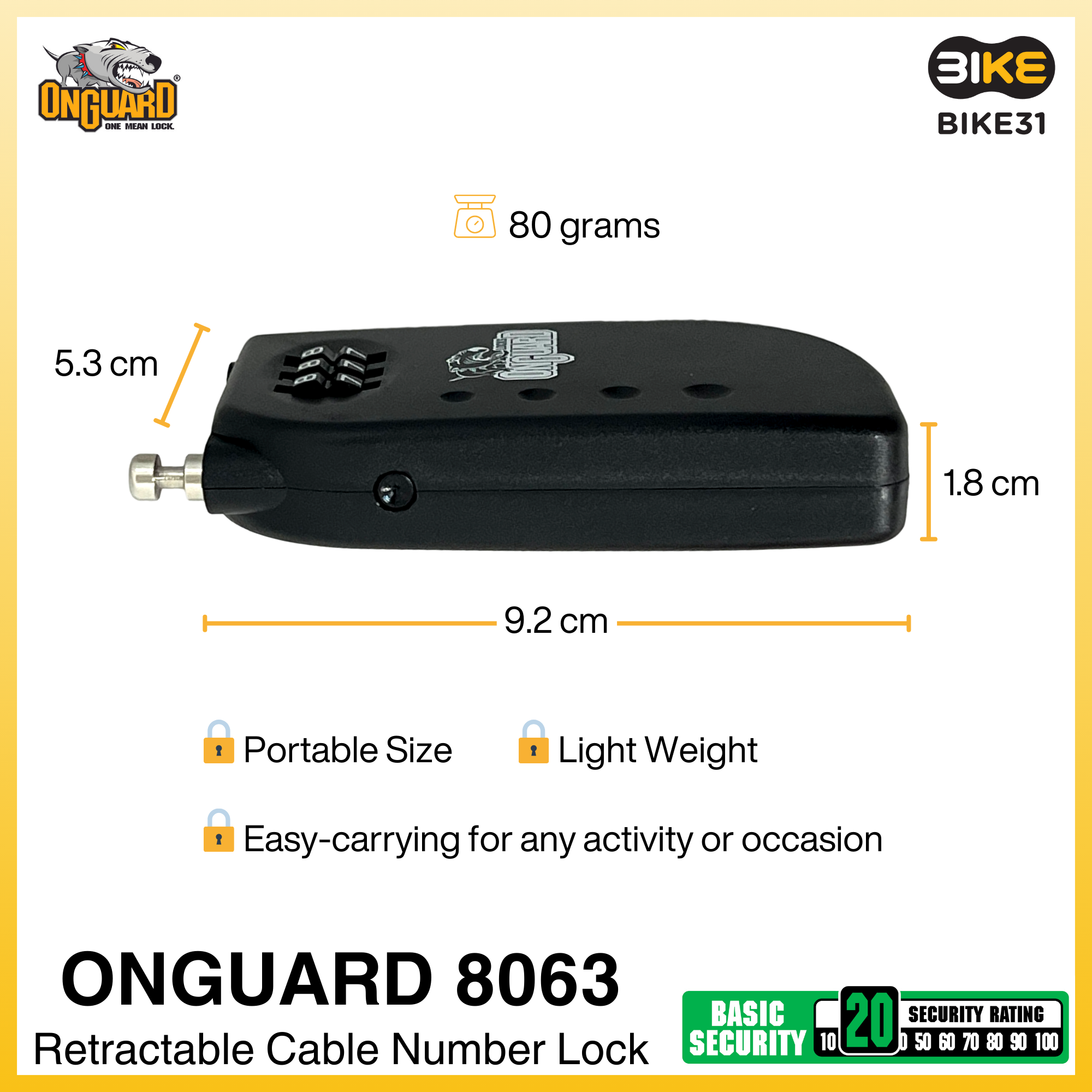 OnGuard 8063 Retractable Cable Number Bicycle Lock (90cm x 2mm dia)